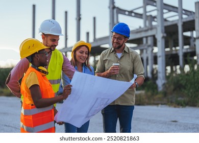 A diverse group of construction workers in safety gear reviewing architectural blueprints at an outdoor building site, fostering teamwork and collaboration. - Powered by Shutterstock