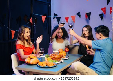 A diverse group of coworkers enjoying a casual office party with drinks, food, and laughter, capturing the essence of teamwork and celebration - Powered by Shutterstock