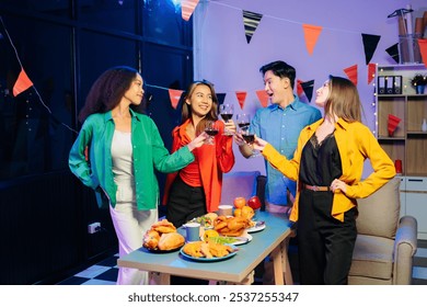 A diverse group of coworkers enjoying a casual office party with drinks, food, and laughter, capturing the essence of teamwork and celebration - Powered by Shutterstock