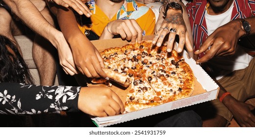 Diverse group enjoying pizza together, hands reaching for slices. Casual gathering, pizza party vibe, sharing food, diverse hands, pizza lovers. Christmas and New Year party. - Powered by Shutterstock