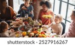 Diverse group of family and friends celebrate festive meal at restaurant. Diverse people family share food, festive thanksgiving meal at restaurant, autumn vibes, thanksgiving family dinner party