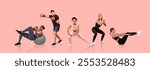 A diverse group of five individuals performs different workout routines in a bright, minimalist space. They focus on strength and cardio exercises, showcasing their commitment to fitness and health.