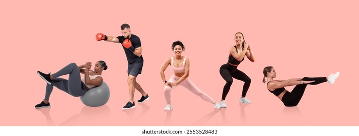 A diverse group of five individuals performs different workout routines in a bright, minimalist space. They focus on strength and cardio exercises, showcasing their commitment to fitness and health. - Powered by Shutterstock