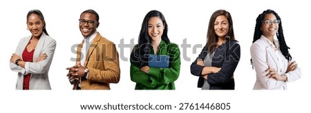A diverse group of five professionals, both men and women, standing confidently with arms crossed, dressed in business attire against a white background.