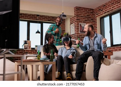 Diverse Group Of Friends Celebrating Video Games Victory, Winning Game With Augmented Reality Goggles On Tv Console. People Using Vr Glasses To Win Competition At House Party, Leisure Activity.