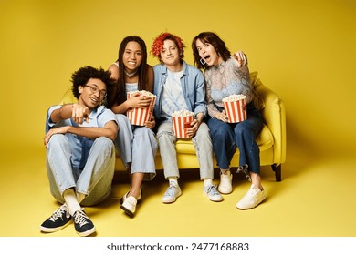 A diverse group of friends, including a nonbinary person, sitting comfortably together on a bright yellow couch and watching movie with popcorn in a cozy studio. - Powered by Shutterstock - Get 15% off with code: PIKWIZARD15