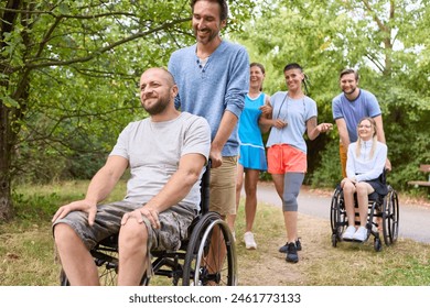 A diverse group of friends in a park, some using wheelchairs, embodying inclusion and accessibility. - Powered by Shutterstock