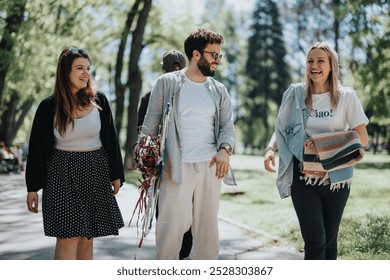 A diverse group of friends walks through a lush park, engaging in lively conversations and enjoying their free time together on a sunny day. - Powered by Shutterstock