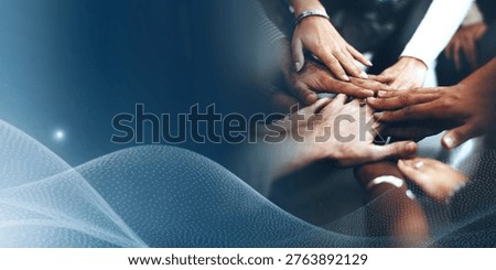 Diverse group of hands joined in unity over a digital wave background, symbolizing teamwork and collaboration.