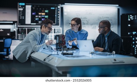 Diverse Group of Industrial Robotics Specialists Gathered Around a Table, Using Laptop Computer to Discuss Blueprints and Machine Components. Team Effort by Discussing Ideas to Optimise Product