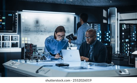 Diverse Group of Industrial Robotics Specialists Gathered Around a Table, Using Laptop Computer to Discuss Blueprints and Machine Components. Team Effort by Discussing Ideas to Optimise Product