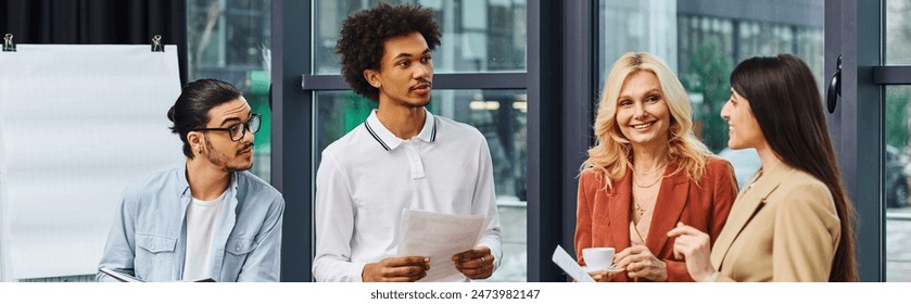 A diverse group of job seekers stand in front of a window, preparing for interviews. - Powered by Shutterstock