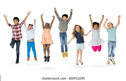 Diverse Group Of Kids Jumping And Having Fun