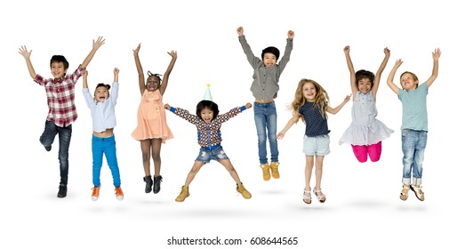 Diverse Group Of Kids Jumping And Having Fun