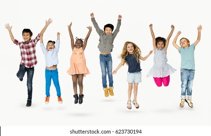 Diverse Group Of Kids Jumping And Having Fun