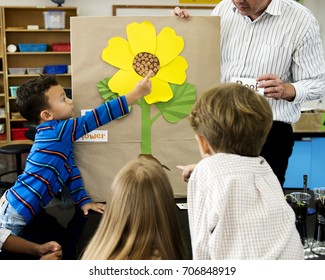 Diverse group of kindergarten students learning flower structure in science class - Powered by Shutterstock