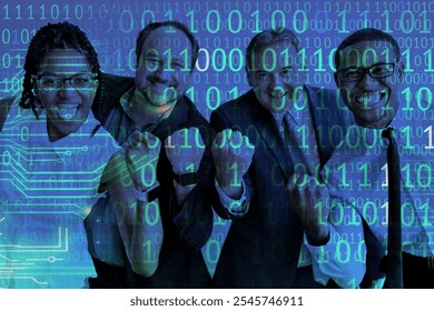 Diverse group of people celebrating success in technology, with binary code overlay. Teamwork in tech, diverse professionals, digital innovation graphic overlay. Diverse business technology team - Powered by Shutterstock