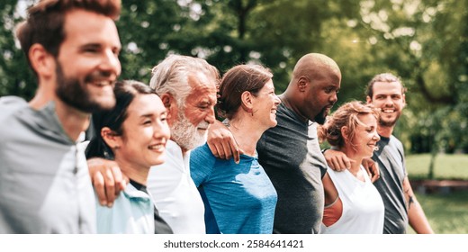 Imagenes de diversidad cultural 13 Diverso grupo de personas al aire libre, sonriendo y creando lazos afectivos. Amigos disfrutando de la naturaleza, mostrando unidad y felicidad. Diversidad e inclusión, diversidad, amistad y concepto comunitario.
