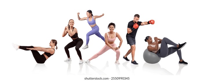 A diverse group of people is performing different fitness exercises in a bright, neutral space. Activities include boxing, yoga, strength training, and core workouts. - Powered by Shutterstock