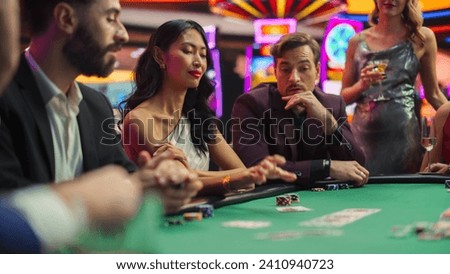 Diverse Group of People Playing Poker Championship in a Luxurious Casino. Professional Players Served by Dealer Croupier. Feeling Lucky, Placing Bets, Reading Opponents, Counting Dealt cards.