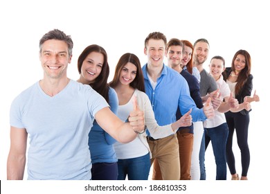 Diverse Group Of People Standing In Row And Showing Thumbs Up. Isolated On White