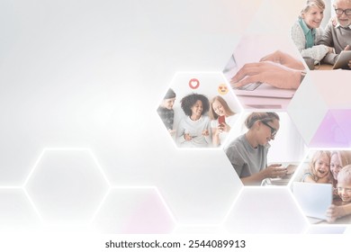 Diverse group of people using technology. Diverse happy people using digital devices in digital network. Dgital network, technology, connection images collage on white background with copy space.