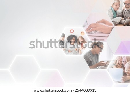 Diverse group of people using technology. Diverse happy people using digital devices in digital network. Dgital network, technology, connection images collage on white background with copy space.