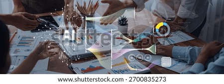 A diverse group of professionals engage in a collaborative business meeting, utilizing AI technology and data analysis for strategic planning and innovative solutions. Trope