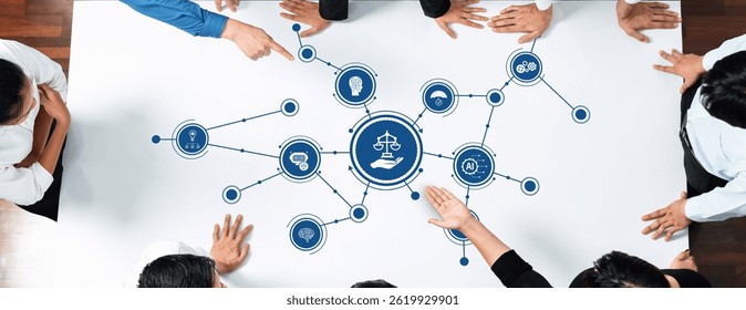 A diverse group of professionals engaged in a collaborative discussion surrounding ethics and justice principles in a business setting, analyzing key concepts and decisions. Amity