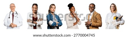 A diverse group of professionals, including doctors and business people, standing confidently in business and medical attire against a white background.