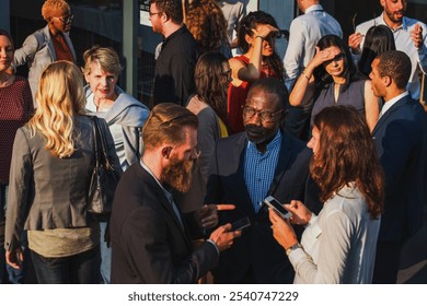 A diverse group of professionals, including men and women of various ethnicities, engage in conversation and networking. Business people bustling social event. Business community vibes - Powered by Shutterstock