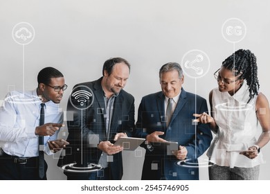 Diverse group of professionals using tablets, discussing technology meeting. Business attire, digital icons. Collaboration, business, teamwork in modern office. Diverse business meeting concept. - Powered by Shutterstock