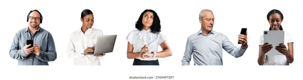 Diverse group of professionals using technology: a man with headphones, woman with laptop, woman pondering, man with phone, woman with tablet.