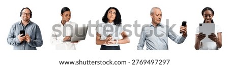 Diverse group of professionals using technology: a man with headphones, woman with laptop, woman pondering, man with phone, woman with tablet.