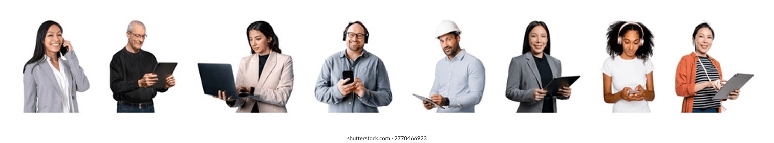 Diverse group of professionals using various devices, including laptops and tablets, representing different industries and roles.