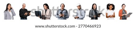 Diverse group of professionals using various devices, including laptops and tablets, representing different industries and roles.