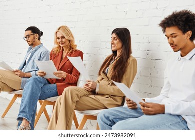 Diverse group reading papers while seated in chairs.