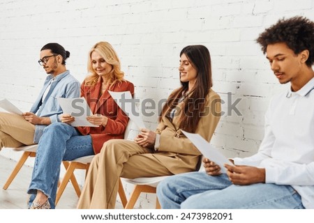 Diverse group reading papers while seated in chairs.