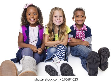 Diverse Group Of School Kids Isolated On White Background. Smiling And Happy Children.