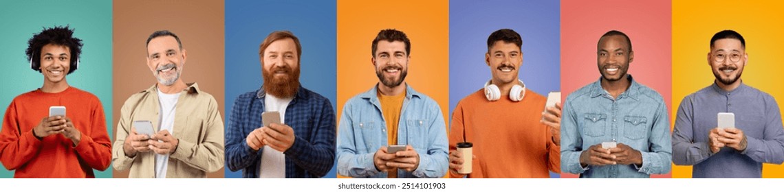 A diverse group of seven men stands in front of brightly colored backgrounds, each engaged with their smartphones - Powered by Shutterstock