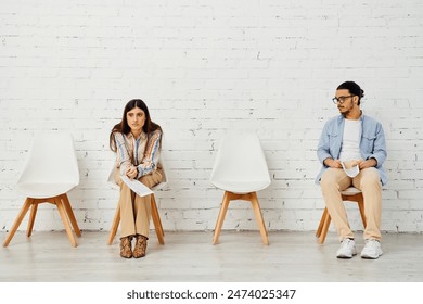 Diverse group sitting in chairs, preparing for job interviews. - Powered by Shutterstock