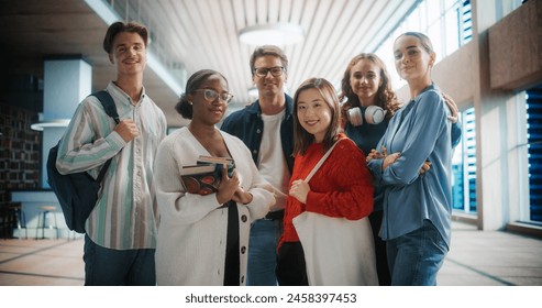 Diverse Group of Students Posing in Modern University Hallway. Young Men and Women of Various Ethnicities Smiling, Holding Books and Backpacks, Ready for Academic Challenges.