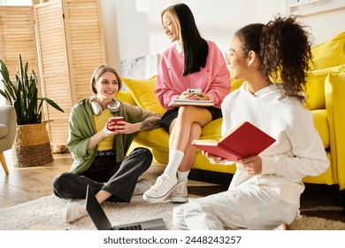 A diverse group of teenage girls in deep conversation sit on a vibrant yellow couch, studying together in a cozy setting. - Powered by Shutterstock