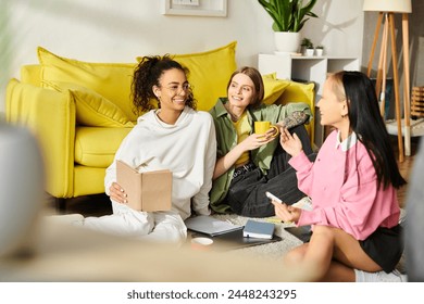 A diverse group of teenage girls engage in deep conversation while sitting on a cozy couch at home. - Powered by Shutterstock