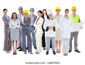 Diverse Group Of Workers Standing Against White Background