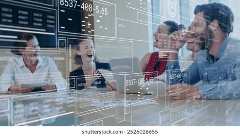 A diverse group of young adults and baby are interacting with a laptop, smiling and laughing. They are in a modern office environment with digital data graphics overlaying scene - Powered by Shutterstock