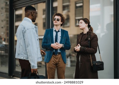 A diverse group of young adults, dressed in smart casual attire, discussing business outdoors near a modern office building. - Powered by Shutterstock