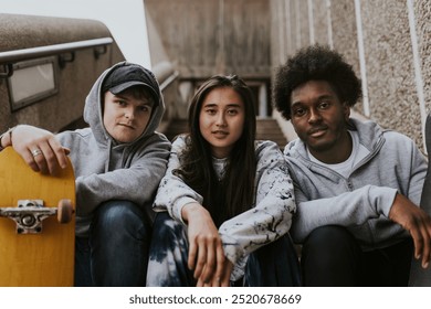 A diverse group of young adults, including an Asian woman, and a Black man, enjoy urban skate culture together. Skateboarding, friendship, and youth. Young diverse friends at the skate park in city. - Powered by Shutterstock