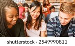 Diverse group of young adults studying together in a library. Smiling students, books, and learning. Multicultural, collaborative, and educational environment. Diverse young people reading at library.