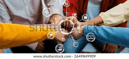 Diverse hands connecting in unity represent teamwork in a digital age, showcasing icons of communication and technology for effective collaboration and engagement. Amity